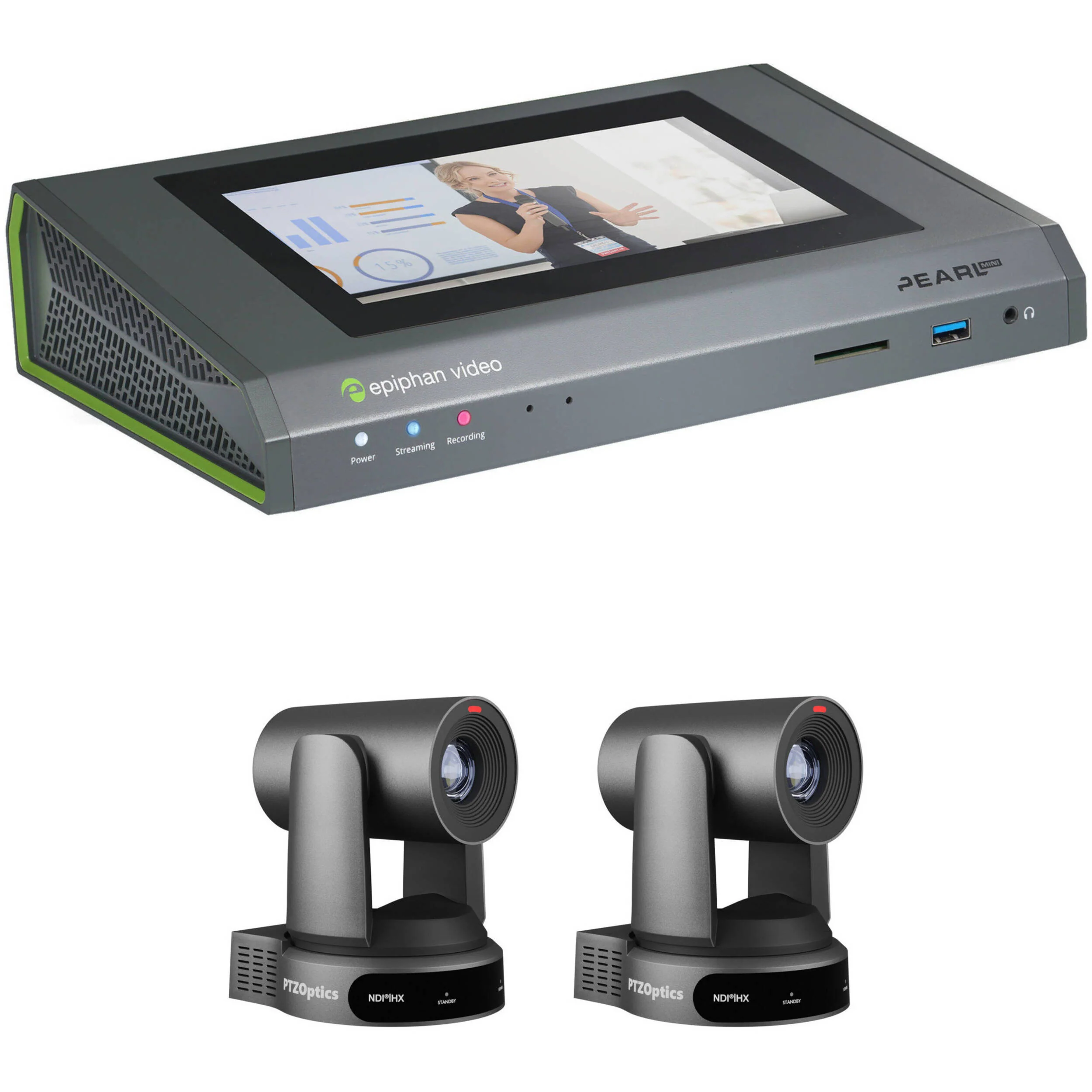 Epiphan Pearl Mini Live 1080p Switcher Kit with 2 x PTZOptics Move UHD 4K 30x Cameras (Gray)