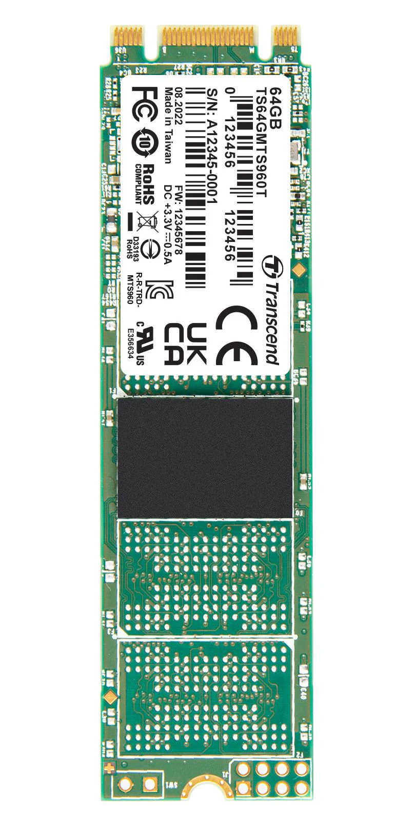 TRANSCEND TS64GMTS960T-VS1 SSD, Internal, M.2 2280, SATA 6 Gb/s (SATA III), 64 GB, 3D NAND
