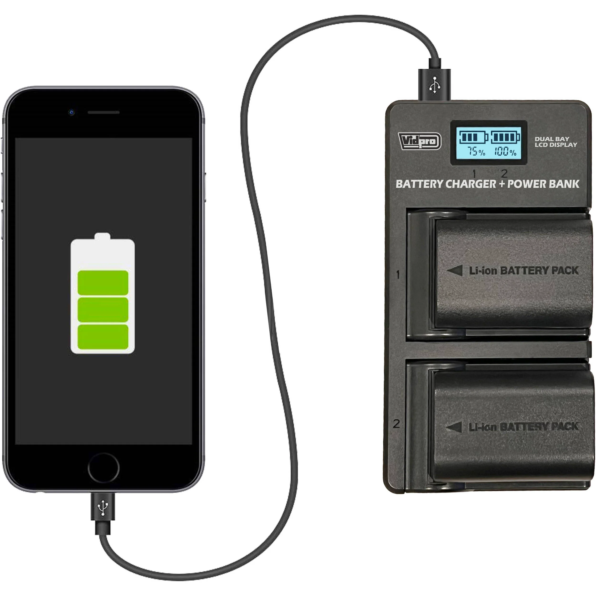 Vidpro VDL-101 Dual Bay LCD Charger with Power Bank for Olympus BLH-1 - Image 5